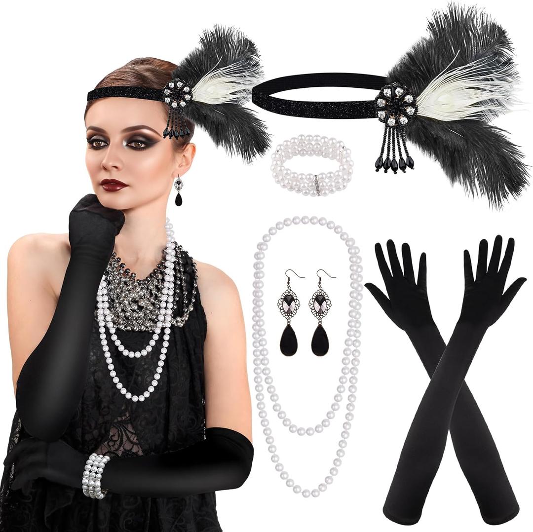 PLULON 1920s Flapper Great Gatsby Accessories Set Fashion Roaring 20's Theme Set (Black, White)
