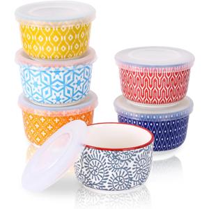 Selamica 6 oz Ramekins with Lids Oven Safe, Creme Brulee Ramekins Souffle Dishes with Covers, Pudding Custard Cups Stackable Ceramic Mini Ramekin Bowls Set for Baking, Dipping, Set of 6, Assorted Colors