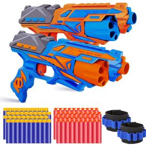 POKONBOY 2 Pack Toy Foam Blaster Gun, Blaster Toy Gun with 2 Wristbands and 80 Pcs Refill Darts 6-Dart Rotating Drum Toy Blaster Compatible with Nerf Gun Birthday Gift for Kids Age 6+ (Blue & Orange)