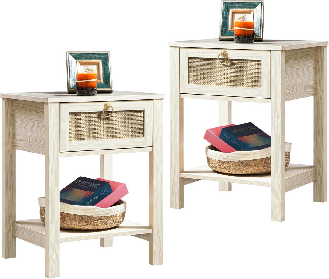 SICOTAS White Nightstand Set of 2,Rattan Decor Drawer with Brass Knobs Night Stand Wood Bedside Table Boho End Tables Side Tables with Storage Shelf (White Cream Oak)