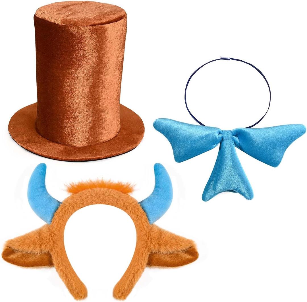 3Pcs Brown Top Hat Costume Kit Brown Stovepipe Hat Blue Bow Tie Ears and Bull Horns Headband for Halloween Cosplay Supplies