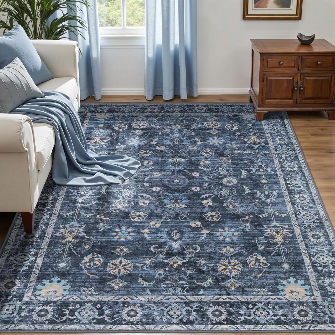 Tangsoo Washable Area Rugs 3x5 Non Slip, Boho Distressed Vintage Blue Floral Throw Rug for Bedroom Entryway, Soft Low Pile Floor Carpet Indoor Mat for Entrance Bedside Kitchen Nursery Office Farmhouse