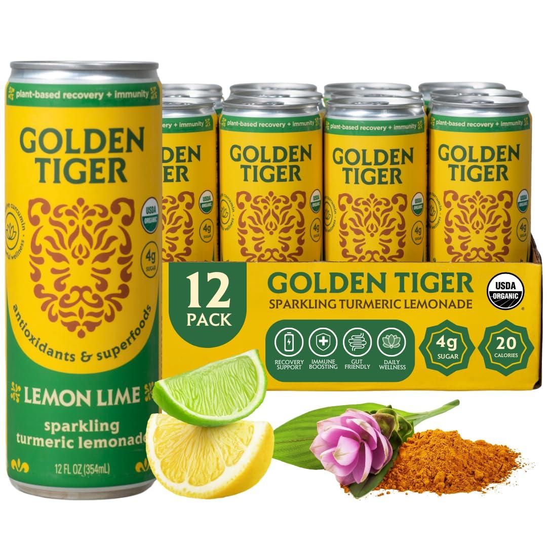 Golden Tiger Turmeric Sparkling Lemonade, Lemon Lime – Curcumin & Ginger for Inflammation – Organic Wellness Drink with Superfoods & Antioxidants for Recovery, Immunity, Gut Health - 4g Sugar, 20 Calories (12-pack) BBD 10/02/26