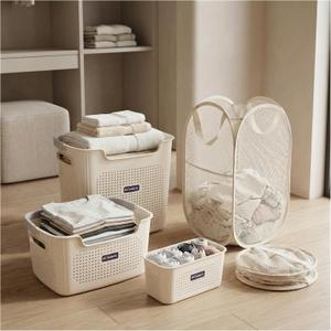 Laundry Basket Set with Handles, 3 Ventilated Plastic Baskets (30L, 17L & 4L Clip-On) and 55L Collapsible Mesh Hamper, Nestable Storage Design (Beige)