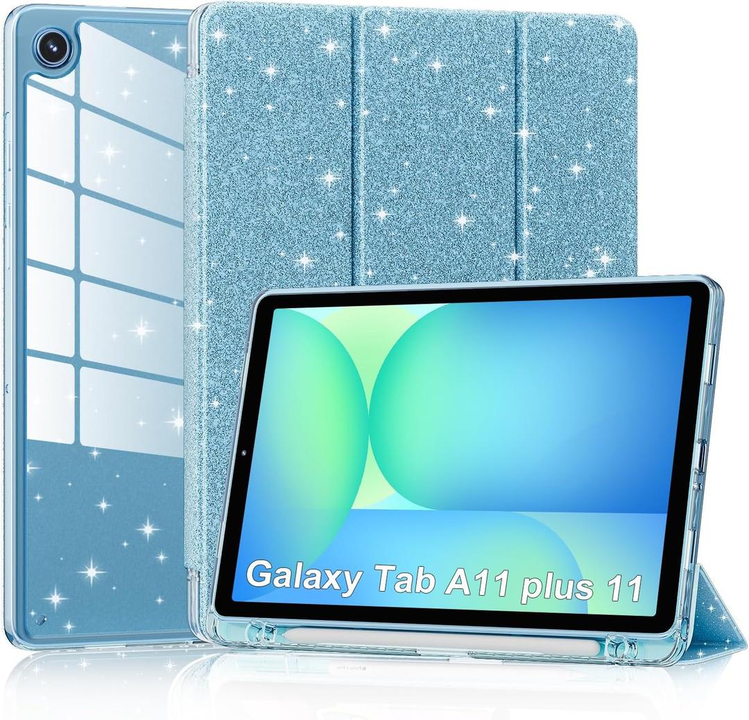 Lainergie Case for Samsung Galaxy Tab A11+/A9+ Plus 11 Inch 2026/2023, Cute Glittering Sparkly Shockproof Cover with Sparkly Crystal Clear Back and Pencil Holder for Galaxy Tab A11+/A9+, Blue