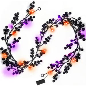 [Dual Color Lights & Timer] 5.8 Ft 20 LED Halloween Garland Decorations Black Berried Garlands with Purple Orange Lights Battery Operated Halloween Decorations for Home Table Mantle Fireplace Indoor