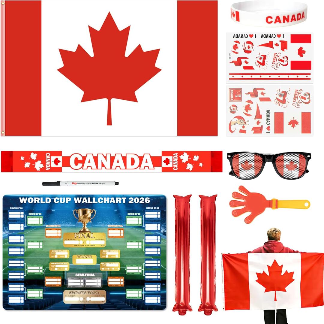 World Cup 2026 Fan Accessories with Large 3x5 ft Flag, Match Tracker Poster, Stickers, Cheering Sticks, Clapper & Scarf, World Cup Decorations Fan kit for Soccer Watch Party, Stadium and Home Cheering