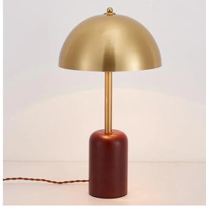 Bedside Table Lamp for Bedroom, Modern Plug in Brass Gold Shade & Cylindrical Wood Base Desk Lamp, Plug & Play Nightstand Lamp with Switch Power Cord for Living Room, Office