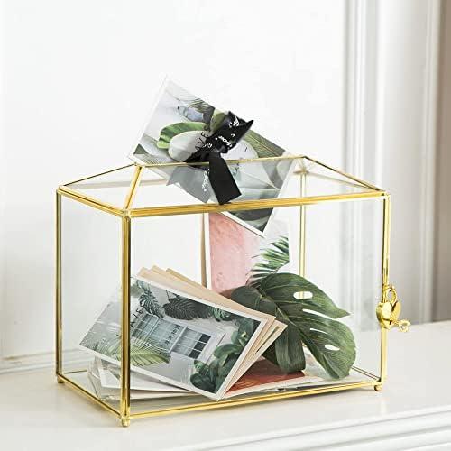 Giadun Glass Wedding Card Box with Slot, Large Clear Card Box 10.2 inch Gold Brass Gift Card Storage Box with Lock for Wedding Receptions, Baby Shower, Birthday Party, Bridal Shower