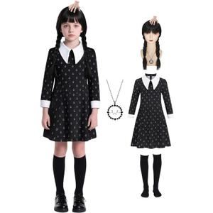 Black Dress for Women Kids Halloween Costume with Accessories Wig Necklace (120 (5-6 Years), Girls Printed Dress)