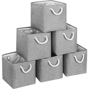 FinishingBo Large 11x11 Inch Cube Storage Bins with Cotton Handles for Closet, Shelves, Clothes, Towel (Gray-6 Pack)