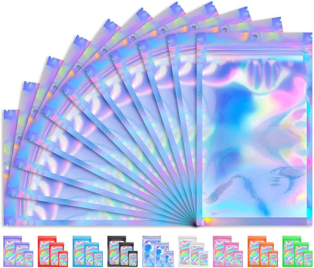 100 PCS Holographic Bags for Lashes, Press On Nails, Candy, Small Baggies Sample Bag Smell Proof Packaging Bag for Jewelry, Resealable Bags for Small Business, Food Storage Bags (7.9x11.8in)