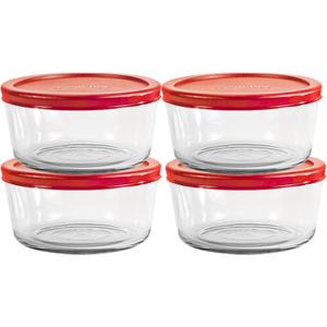 Anchor Hocking SnugFitTM Round Food Storage Containers with Lids (4-Piece, 7-cup, Red, oven-safe)