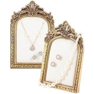 Wonderjune 2 Pcs Gold Jewelry Display Stand Vintage Necklace Organizer Ring Holder Earring Tray Resin Jewelry Photography Props Frame with Velvet Backing for Gifts(White,Small,Elegant)