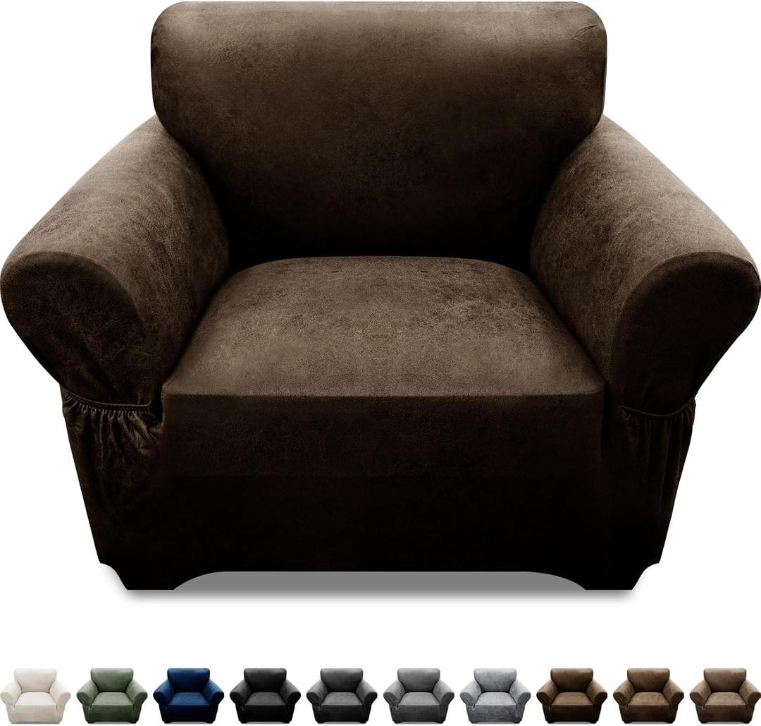Single Sofa Cover Leather Look Chair Covers for Living Room 1-Piece Sofa Chair Covers with Arms Stretch Furniture Protector with Elastic Bottom & Pockets(Armchair, Coffee)