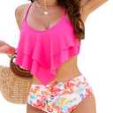 Edelqual Bikini Sets for Women Ruffled Leopard Halter Top Floral High Waisted Tummy Control Crisscross Tie Back Bathing Suit XL, Pink Floral