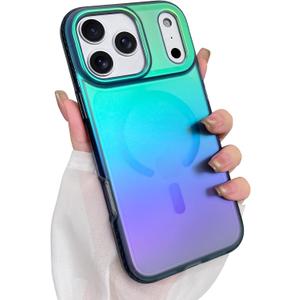 Aesthetic Case for iPhone 17 Pro Max Case for Women Girls [Compatible with Magsafe] Cute Girly Trendy Glitter Sparkly Rainbow Magnetic Protective Phone Cover, Matte Iridescent Blue & Green