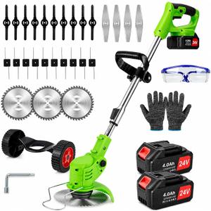 Weed Wacker Cordless,24v Electric Weed Eater Battery Powered with 2 4.0 Ah Batteries,Lightweight Weed Wacker with Wheels & Blade,3 in 1 String Trimmers for Women,Lawn Care,Garden,Yard, 47 inches