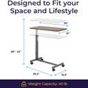 Drive Medical Overbed Table with Wheels - Secure Height Adjustment for Comfort - Non Tilt Surface - Smooth Rolling Design - Home & Hospital Use - Woodgrain Laminate Top - Silver Vein