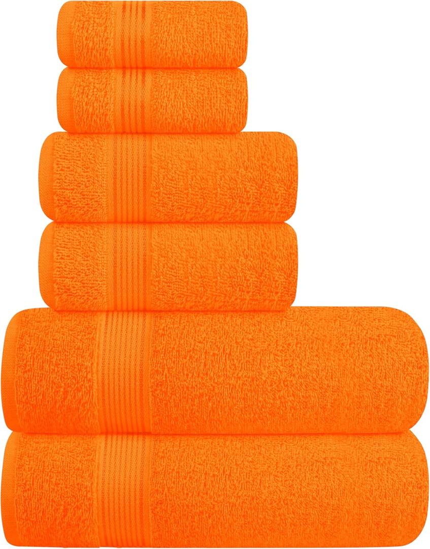 Belizzi Home Ultra Soft 6 Pack Cotton Towel Set, Contains 2 Bath Towels 28x55 inch, 2 Hand Towels 16x24 inch & 2 Wash Coths 12x12 inch, Ideal for Everyday use, Compact & Lightweight - Orange