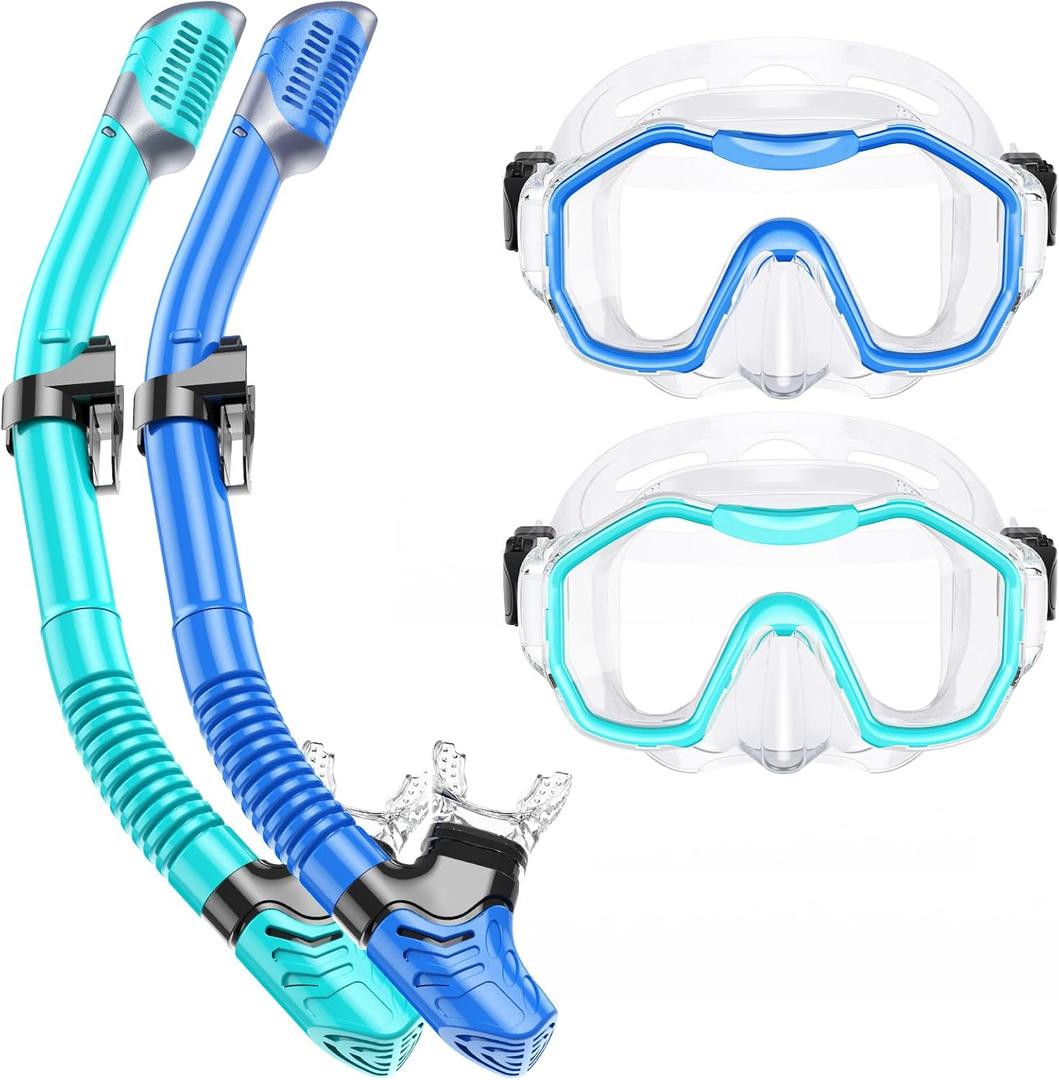Snorkeling Gear for Adults Kids, Dry-Top Snorkel Set, 180Panoramic Wide View Diving Mask Breathing Freely Snorkel Mask for Snorkeling Scuba Diving Swimming Travel (A19-Blue + Green)