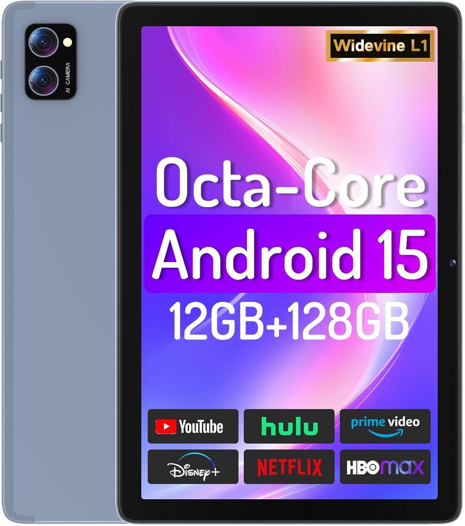 LECTRUS Android 15 Tablet 10.1 Inch - 12GB+128GB Large Screen WiFi Tablets with Octa-Core, HD Touch Screen Tablets with Camera, Long Battery Life, 2025 Tablet PC for Reading, Streaming, Split Screen