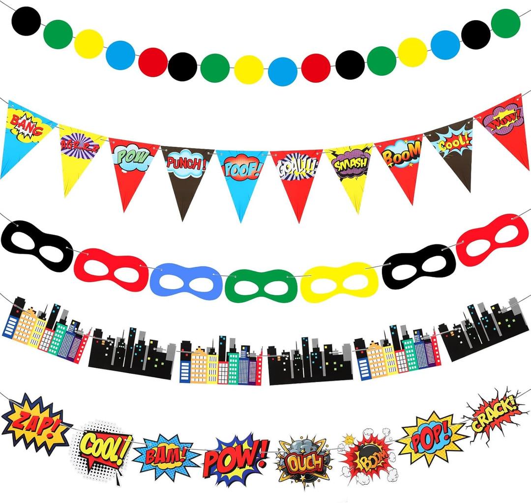 5 Pcs Hero Birthday Party Banner Decorations Ceiling Hanging Banner Decor Hero Birthday Celebrating Party Favor for Home Living Room Window Wall Decorations