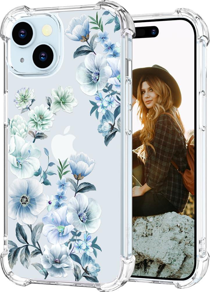 Hungo Compatible for iPhone 15 Plus Case Floral Flower Cute Clear Design, Girly for Women Girls Floral Transparent Blue Anemones