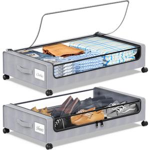 Under Bed Storage with Wheels, 2-Pack Under the Bed Storage Containers with Clear Lids & Label, Underbed Storage Bins, XXL 60L Rolling Metal Drawer for Clothes, Shoes, Toys, Books - Gray