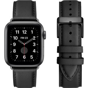 Leather Bands Compatible with Apple Watch Band Genuine Leather Wristband Starp for iWatch 38mm/40mm/41mm/42mm (Series 11 10) Black/Black)