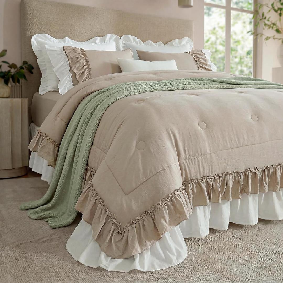 Bedding_Dreamer Taupe and White Two-Tone Ruffle Comforter Set Queen, 3 Pieces Shabby Chic Farmhouse Bedding, Soft Microfiber Comforter with Matching Shams, All Season