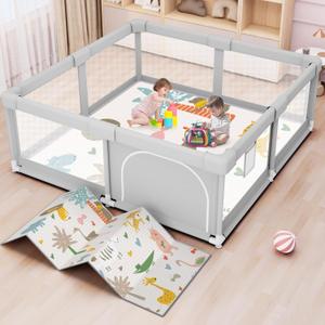 Baby Playpen with Mat 50x50 Inch, Play Pen for Babies and Toddlers with Gate, Baby Fence Sturdy Safety Playpen, Indoor & Outdoor Kids Activity Center