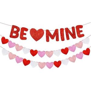 Fulmoon Pre Strung Valentines Decor Glitter Valentine's Day Banner Glitter Heart Garland Banner, for Valentines Decorations, Anniversary, Wedding, Engagement Party, and Home Decor (Be Mine)