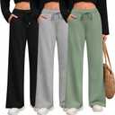 Riyiper 3 Pack Women Wide Leg Sweatpants Drawstring Straight Pants Elastic Waist Joggers Open Bottom Sweatpants with Pockets (Large, Beangreen, Light Gray, Black)
