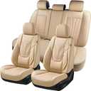 Coverado Car Seat Covers Full Set, 5 Piece Car Seat Protector with Lumbar Support & Removable Headrest, Breathable Leather Front Rear Seat Cushion Universal Fit for Truck Automotive Beige