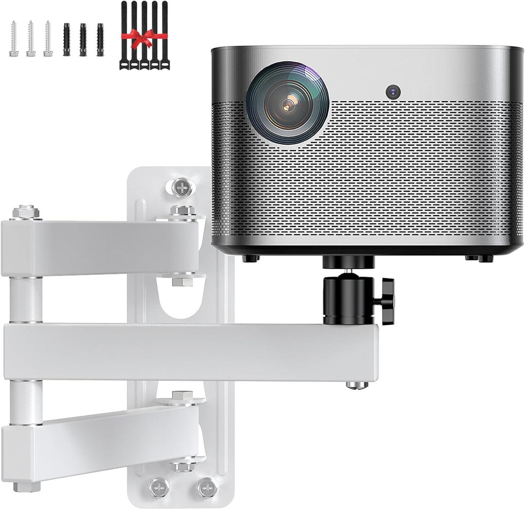 Foldable Projector Wall Mount 1/4" Screw, Adjustable Tilt&Swivel Hanging Projector Holder White Wall Mount Hanger Rack Stand for with Cable Ties