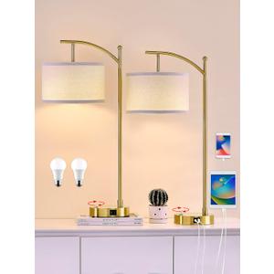 Hikczc Table Lamp for Living Room Bedroom, 23.5" Table Lamps Set of 2 with USB C+A Ports, Bedside Lamps for Nightstand with Linen Lamp Shades, 2 Dimmable LED Bulbs Included, Gold