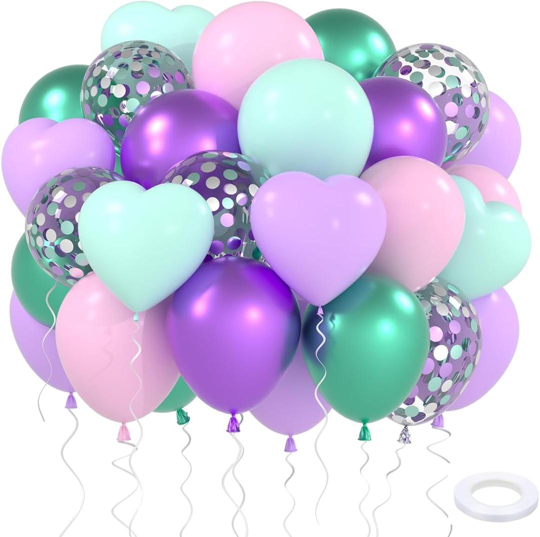 Metallic Pink Chrome Magenta Heart Balloons Set, 12 Inch 60PCS Dark Rose Red Pinks Balloons Confetti Balloon for Birthday Princess Baby Shower Wedding Decorations (Pink Pastel Green Purple)