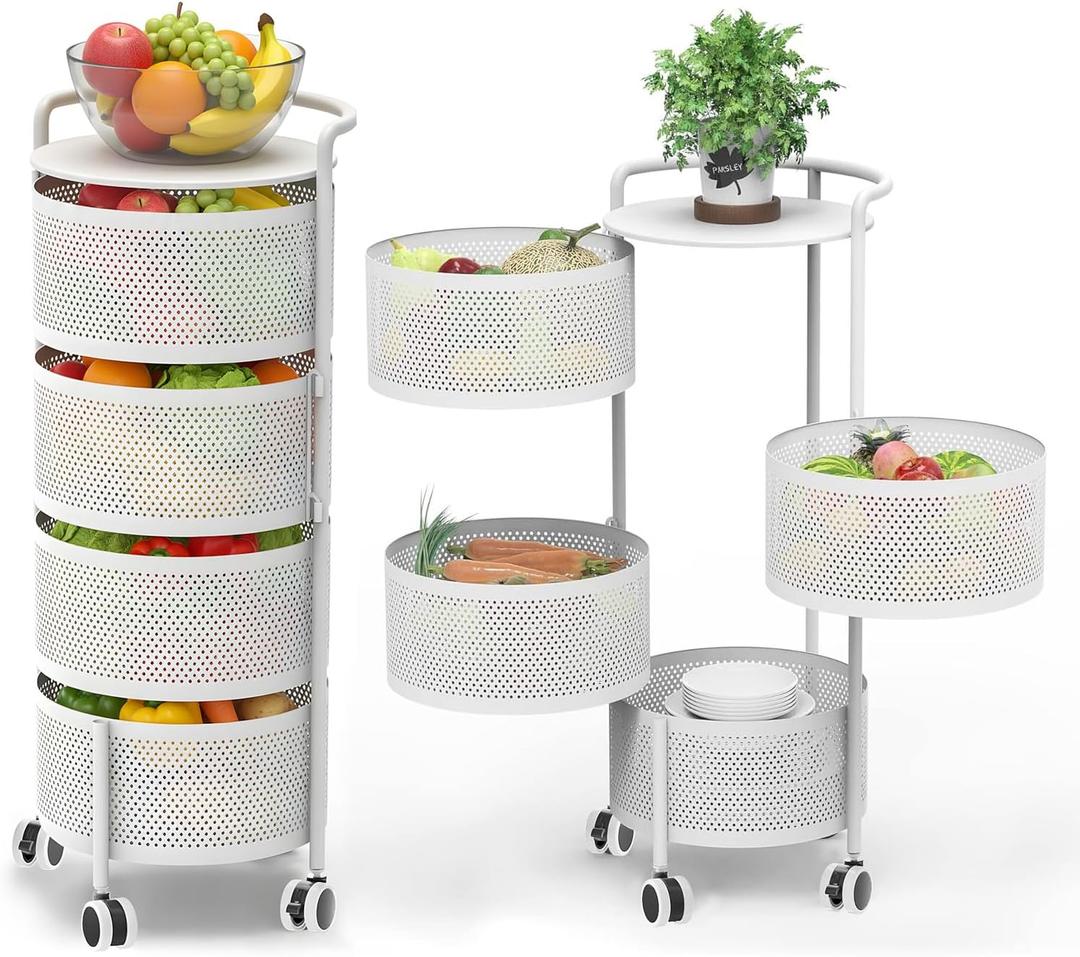 JAQ Rotating Storage Carts No Assembly, 4-Tier Round Storage Basket Rack Shelf Organizer on Rolling Wheels for Fruit Vegetables Grocery Corns Potato Onion Snack in Kitchen Pantry (4-Tier, White)