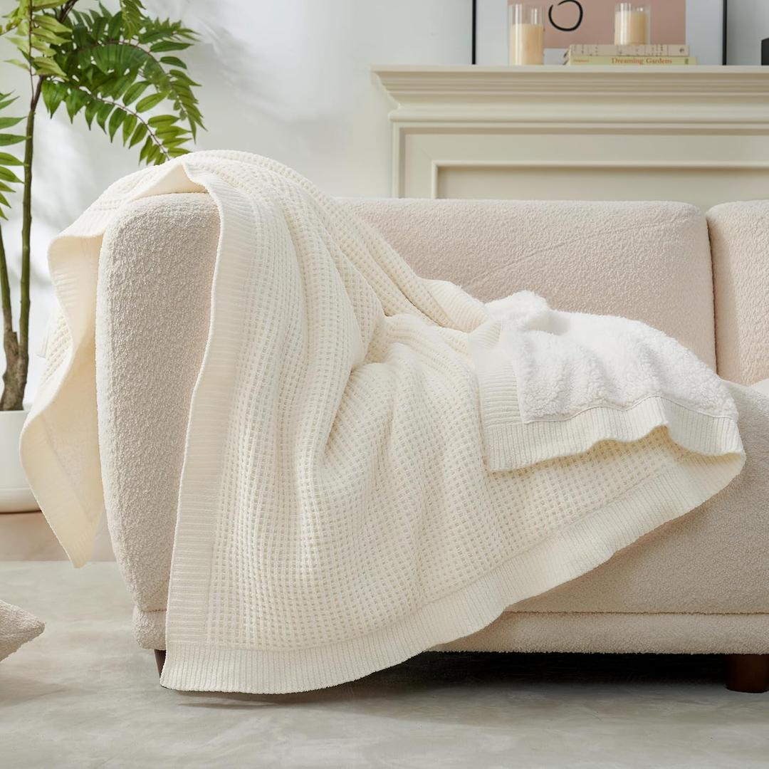 Amlie Home Reversible Waffle Weave Throw Blanket, Chenille Knit with Warm Sherpa, Soft Cozy Blanket for Couch, 50"x60", Ivory