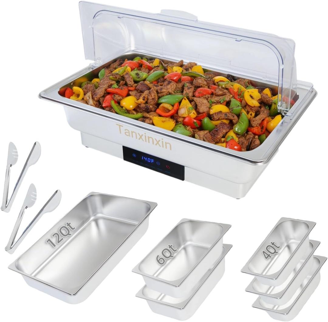 12 Qt, Electric Chafing Dish,Party Commercial Buffet Set Food Warmers for Parties Buffet Warmer Roll Top Chafers Electric Chafing Dishes, Full Size & Half-Size &Three-Section,600w