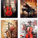 NIIORE Vintage Music Themed Wall Art Canvas, Guitar, Piano, Saxophone, Violin Prints for Bedroom Home Decor, Set of 4 - (8x10 Inch, Unframed)