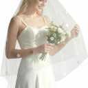 Wedding Veil for Bride 2 Tier Pearl Bridal Veil Fingertip Length Flower Veils for Women Wedding (Off-white)