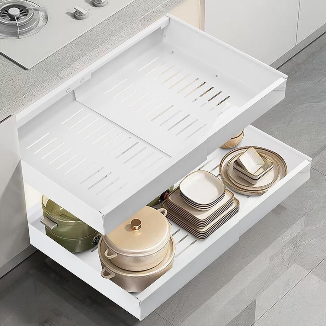 Expandable Pull Out Drawers for Cabinets, 16.54'' Deep, 3 Slide Rails, No Drill Sliding Shelf Inserts for Kitchen, White (16.54"D x 12.6"W x 2.76"H)