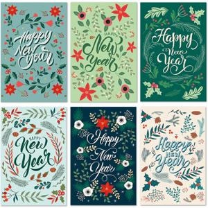 Bablira 24 Pack Happy New Year Cards Set with Envelopes, Boxed New Year Greeting Cards for NYE Parties, Office Events, Bulk Mailing, Home Decor(6 Designs), 4 * 6in, Blank