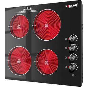 24 Inch Electric Cooktop 4 Burners, 6000W Ceramic Stove Top with Knob Control, 220V-240V Hardwired Built-in Radiant Cooktop, 8 Power Levels, Residual Heat Indicator, Black Glass (No Plug)