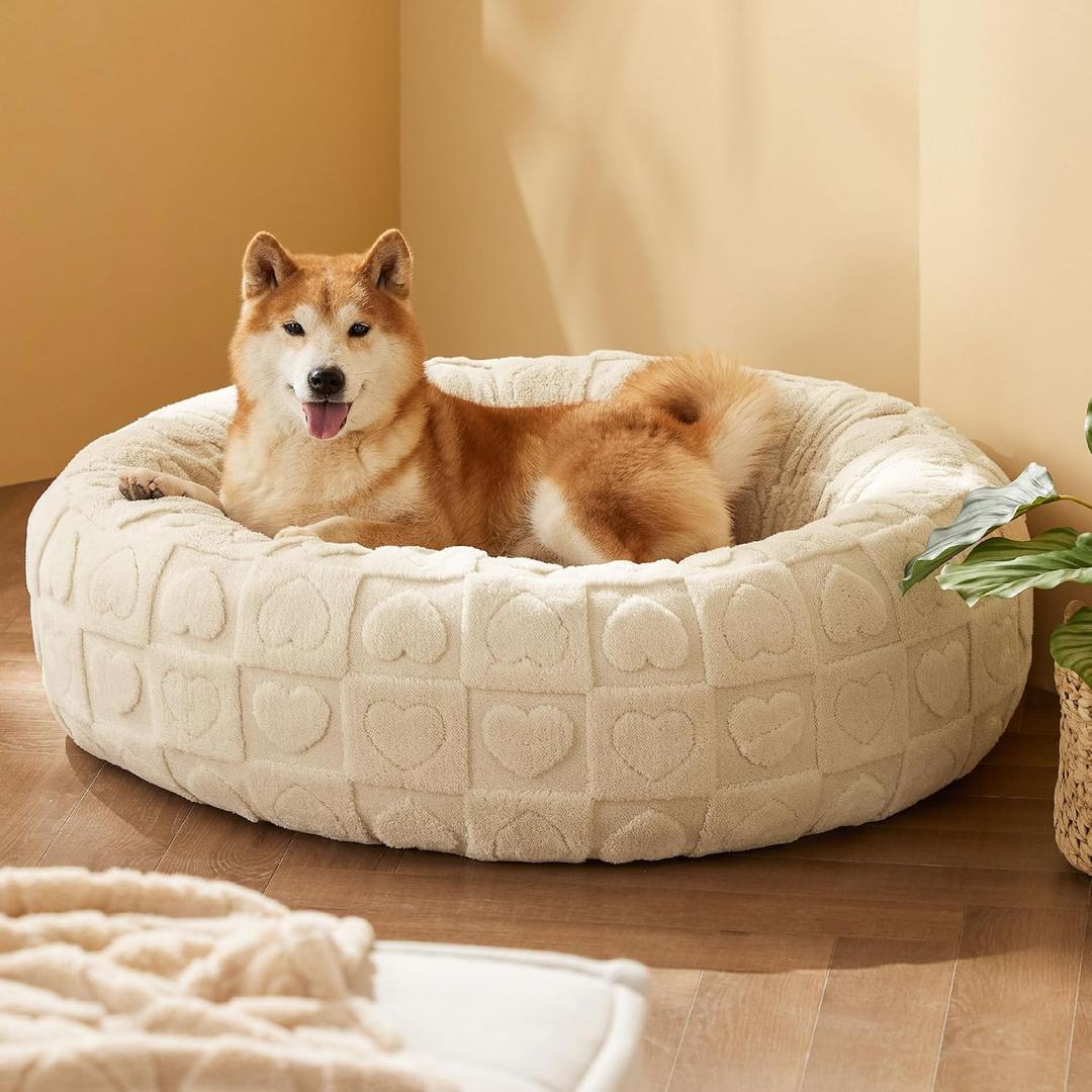 Bedsure Dog Bed for Large Dogs - Donut Pet Bed for Puppy Kitten with Anti Slip Bottom, Round Sherpa Dog Beds with Washable Removable Cover, Cream, 36x36x10 inches (L(36x36x10))