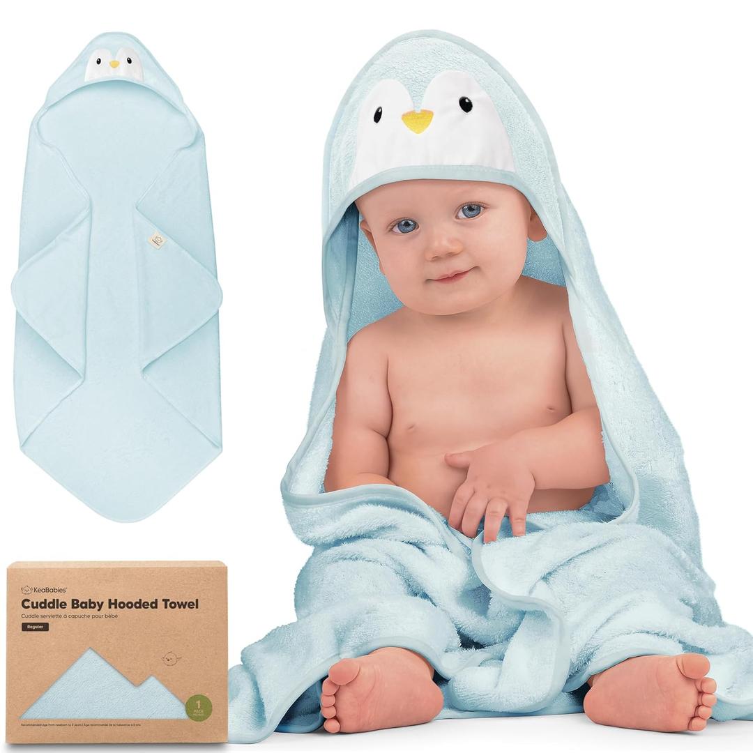 KeaBabies Hooded Baby Towel for Newborn - Viscose Derived from Bamboo Large Baby Bath Towels with Hood for Boys, Girls, Toddler, Extra Absorbent & Soft Newborn Bath Essentials (Penguin) (Regular 35x35)