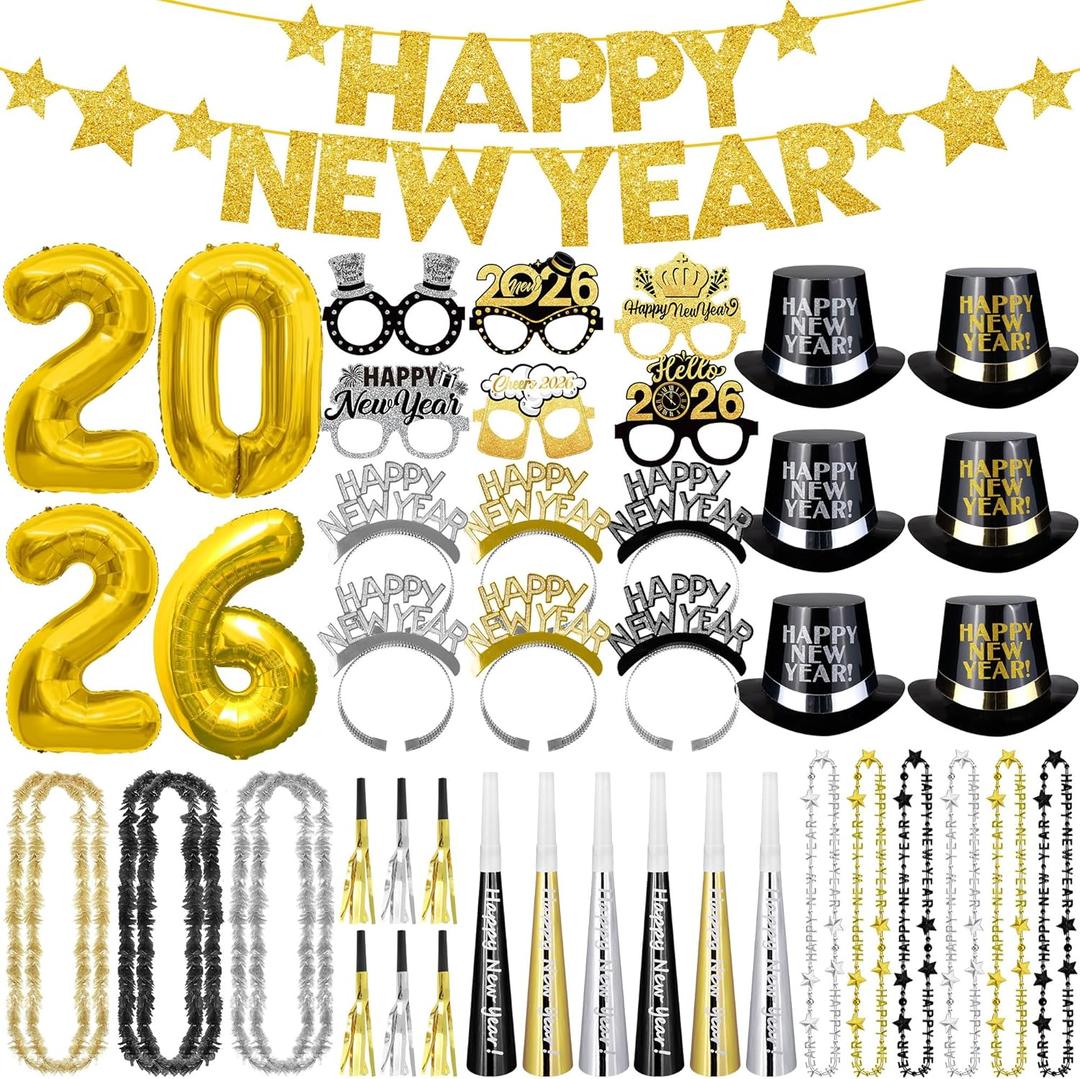 New Years Eve Party Supplies 2026, New Years Decorations, Party Favors Including Ballons, Banner, Top Hats, Headband Tiaras, Horns, Squawkers, Glasses, Leis Necklaces, Black and Gold