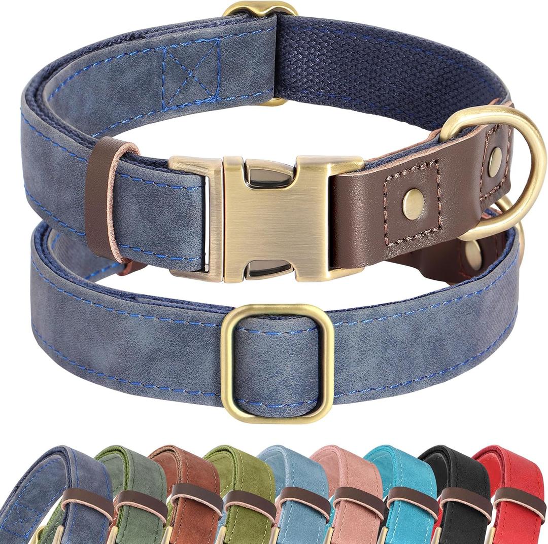 Didog Soft PU Leather Dog Collar for Large Dogs,Classic Adjustable Wide Dog Collars with Quick Release Metal Buckle,Easy Clean and Comfortable with Nylon Lining,Blue,XL Neck 20-27", Width 1.2"